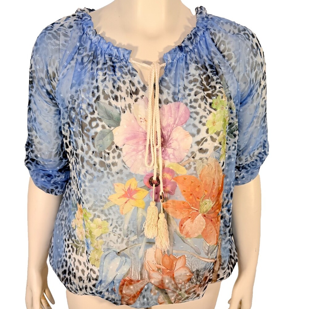 Gigi Moda Blouse Womens L Blue Floral Animal Print Chiffon Made in Italy Luxury